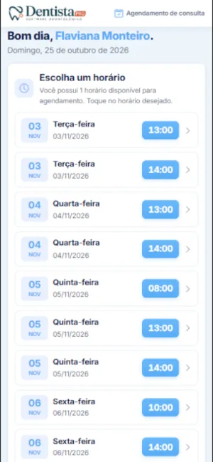 Link de agendamento aberto no celular do paciente, com os horários disponíveis