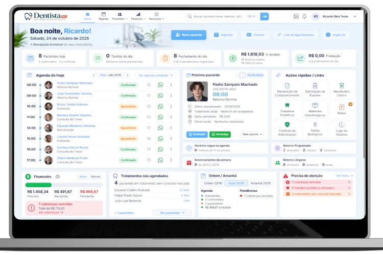 Painel do Dentista Pro com a agenda de hoje, o próximo paciente e o resumo do financeiro